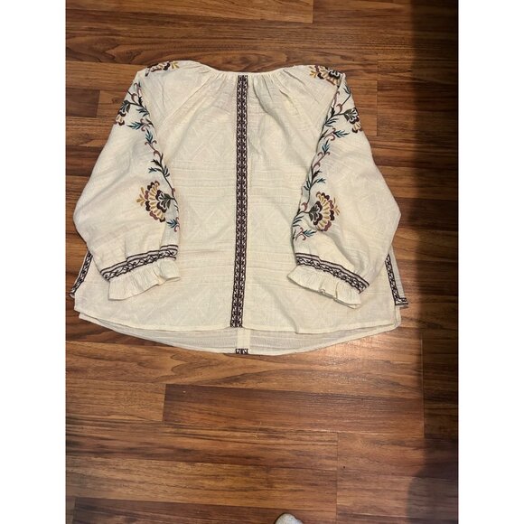 Lucky Brand Boho Peasant Top M White Embroidered Floral Long Sleeve Tunic Blouse - Picture 2 of 10